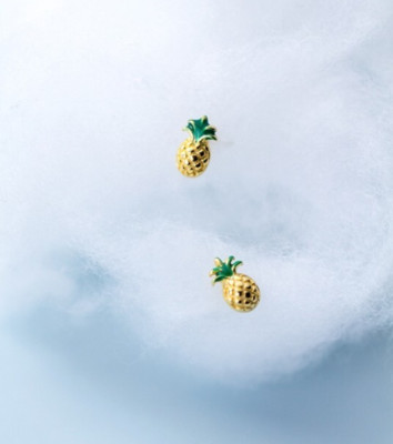 Adorable Tiny Gold Green Leaves Yellow Pineapple Stud Earrings