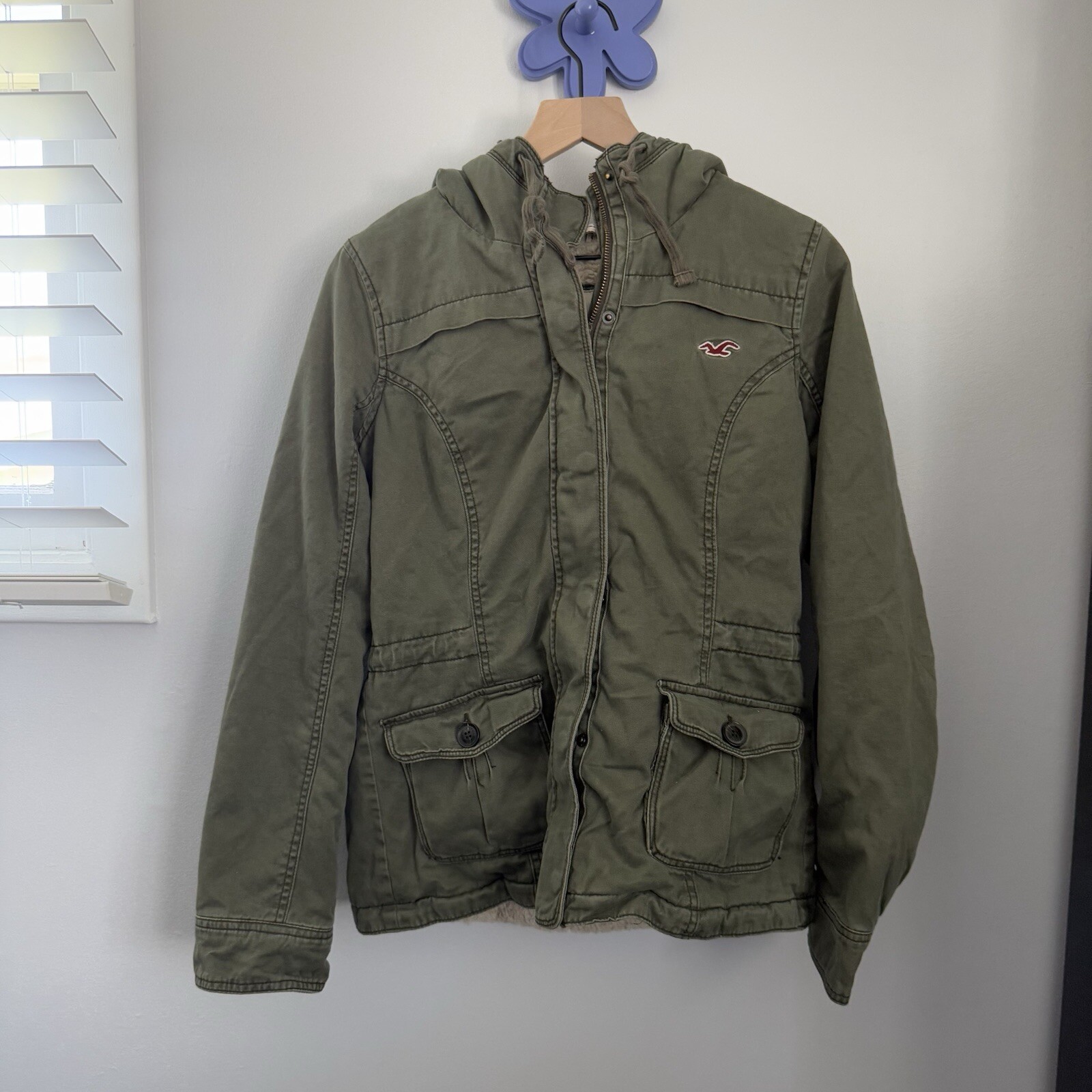 Hollister Y2K Olive Utility Jacket with Sherpa Lining & Snap Buttons