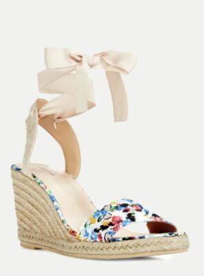 white wedges with ribbon tie