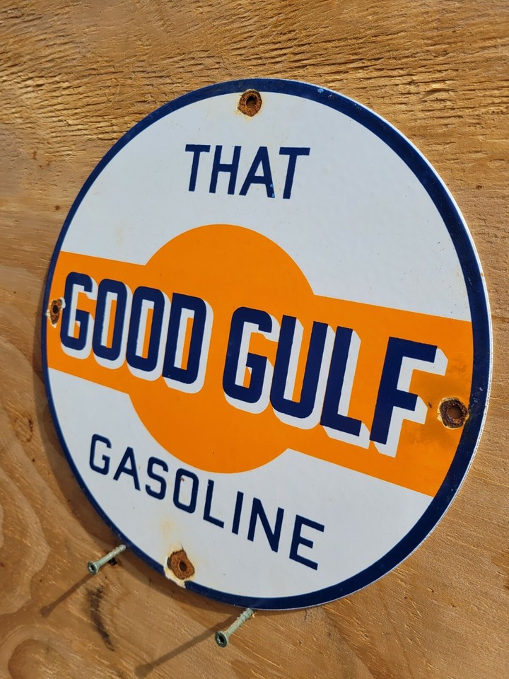 VINTAGE GOOD GULF PORCELAIN SIGN OLD GASOLINE GAS PUMP PLATE MOTOR OIL ...