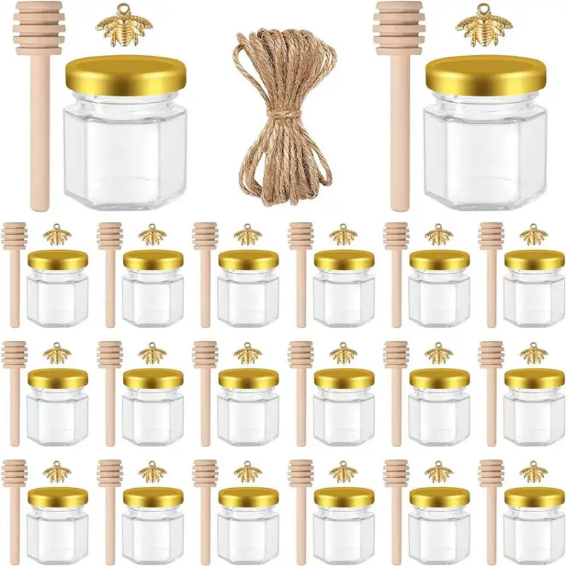 20 Pack 1,5 oz Mini Glas Honig Gläser mit Holzlöffel &Deckel für Hochzeit &Party
