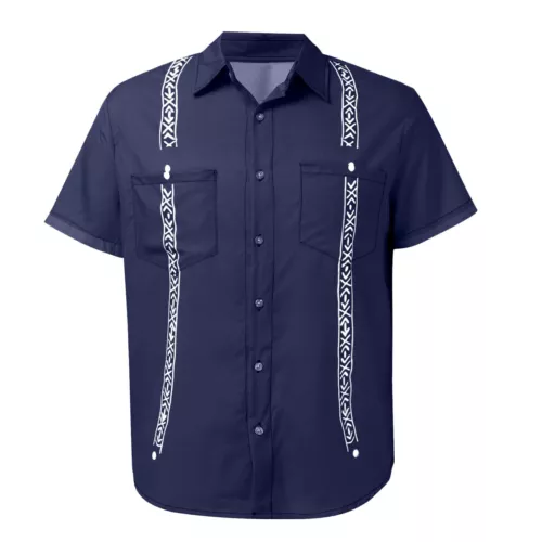 Men's Guayabera Cuban Beach Wedding Short Sleeve Button Up Casual Dress Shirt - Picture 3 of 30