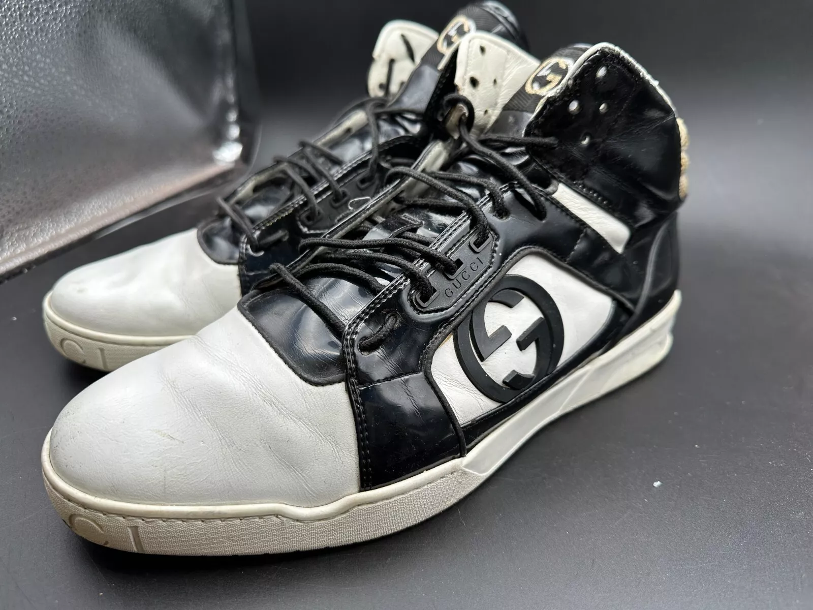 Gucci 9,5 G Noir Blanc Haut Italie Baskets Cuir Chaussures Homme