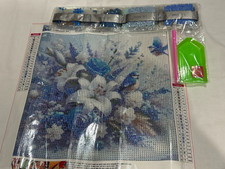 5D DIY Diamond Art Painting Kit Craft White  Blue Flowers w/Blue Bird