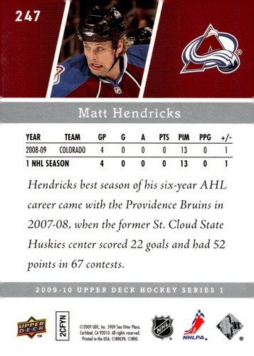 Matt Hendricks - Signed 2009-10 Upper Deck Young Guns Rookie Card #247 - Picture 2 of 2