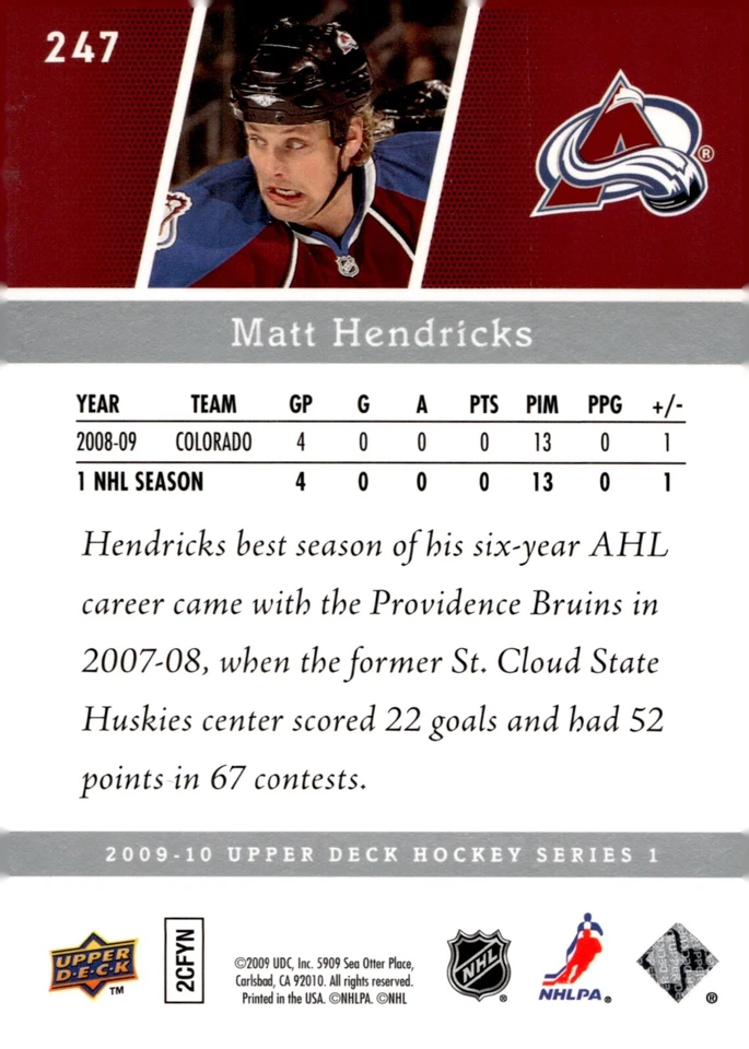 Matt Hendricks - Signed 2009-10 Upper Deck Young Guns Rookie Card #247 - Image 2 of 2