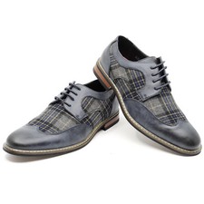 Navy Gray Men's Plaid Lace Up Wing Tip Classic Oxford Dress Shoes