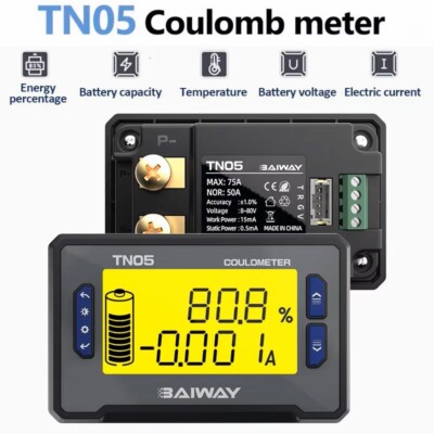 TN05 Battery Capacity Tester 8-80V 50A Built In Sampling Precision Coulomb Meter