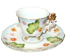 Vtg Footed Demitasse Tea Cup & Saucer Porcelain Gold Details Hand Painted Japan