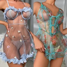 Women's Sexy Lingerie Nightgown See Through Lace Babydoll Sleepwear Naughty Play