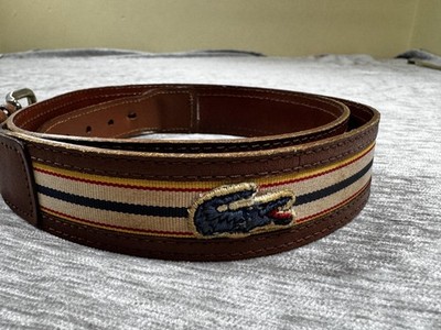 Lacoste Belt Mens 36 Brown Multicolor Stripe Leather Crocodile Logo Casual Dress