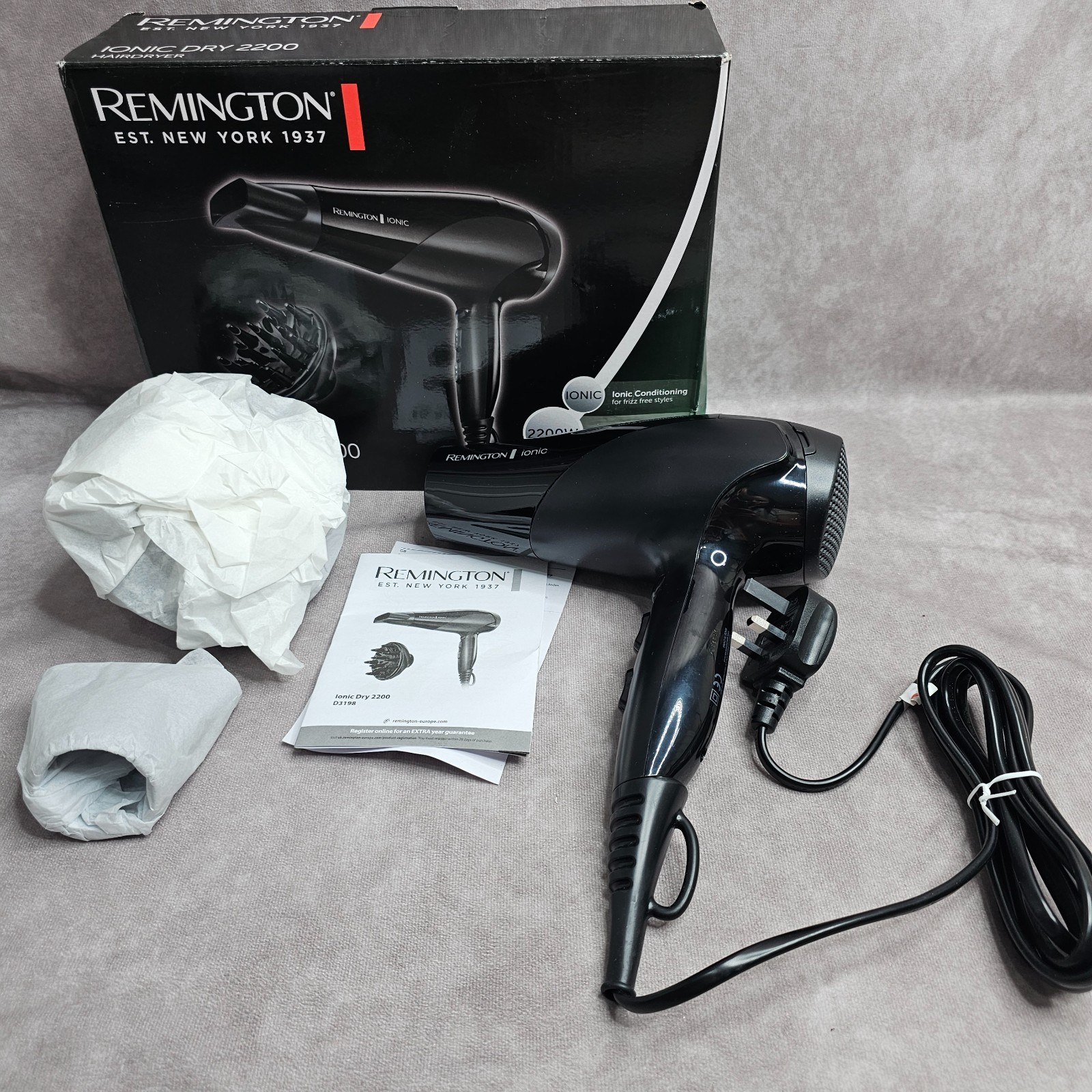 Remington Ionic Dry 2200 Hair Dryer 2200W Black Diffuser Concentrator