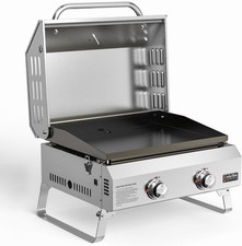 Onlyfire 2-Burner Portable Gas Plancha BBQ Lid &Thermometer Tabletop Gas Grill