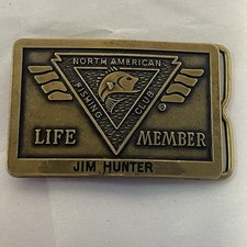 North American Fishing Club Brass Belt Buckle Life Member Vintage 1980s Engraved