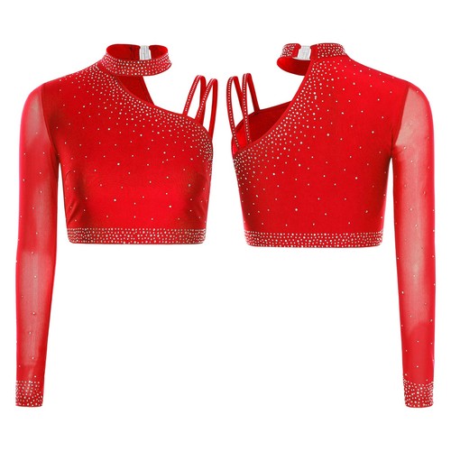 Women Sleeveless Lyrical Dance Outfit Ruched Shiny Crop Top Irregular Skirt - Picture 127 of 186