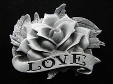 RG05147 NOS REALLY NICE  LOVE - W/ ROSE FLOWER  FASHION PEWTER BELT BUCKLE