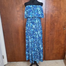 Joyjoy Womens Blue Floral Off-the-Shoulder Maxi Dress Size Large Rayon Tassel