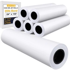 Wide Format Paper,6 Rolls Plotter Paper 24 In x 150 Ft, CAD Bond Rolls,20lb,B...