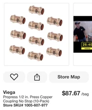 Viega ProPress 1/2 in. Press Copper Coupling No Stop (Pack of 10) 77480 ..
