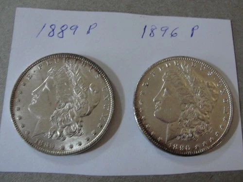 TWO Morgan Silver Dollars 1889-P & 1896-P 90% Silver Coins Uncirculated