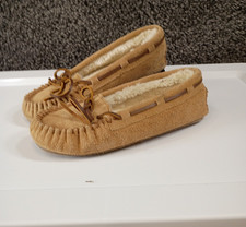 Minnetonka Cally Moccasin Slippers Kids US 3 Brown Faux Fur Lined Cozy Slip-On