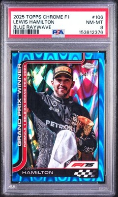 2025 TOPPS CHROME FORMULA 1 BLUE RAYWAVE #106 LEWIS HAMILTON 34/150 PSA 8