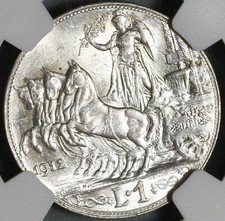 1912 NGC MS 63 Italy 1 Lira Horses & Chariot Silver Mint State Coin (20050502C)
