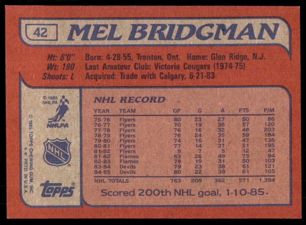 1985-86 TOPPS HOCKEY NHL Trading Card #42 - MEL BRIDGEMAN, New