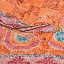 Sanskriti Vintage Saree Orange Pure Crepe Silk Floral Printed Sari 5 Yd Fabric