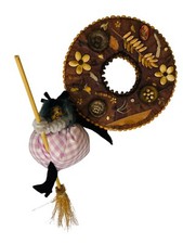 KITCHEN WITCH Doll with Broom, Purple Dress  Earthy Wreath Autum Fall Halloween