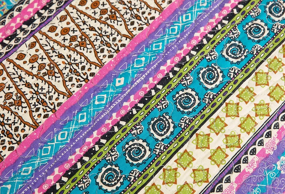 Boho Chic Pre-Washed Cotton Quilt Set Bohemian Floral Bedspread Daybed Cover Set - Image 4 of 4