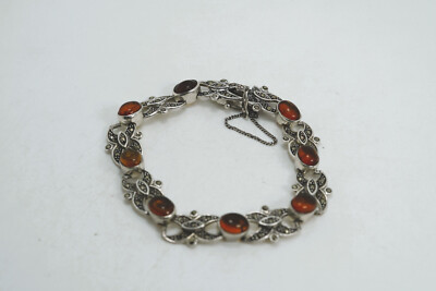 Sterling Silver Amber & Marcasite Link Bracelet Signed THM