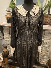 Free People Black & Cream Lace Fit Flare Wednesday Goth Style Women's Dress Sz 8