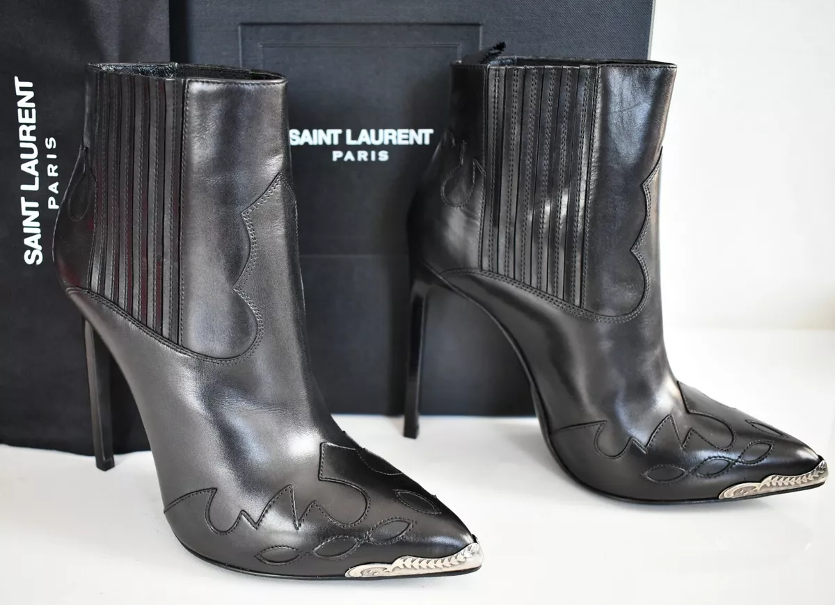 1295 SAINT LAURENT Embossed COWBOY WESTERN Boots Booties EUR 36.5 US 6.5