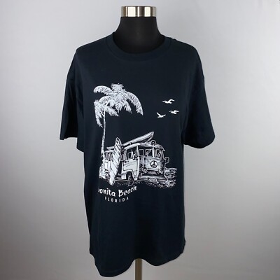 Bonita Beach T-Shirt Womens Unisex Birds Surfboards Van Theme Black White L NWT