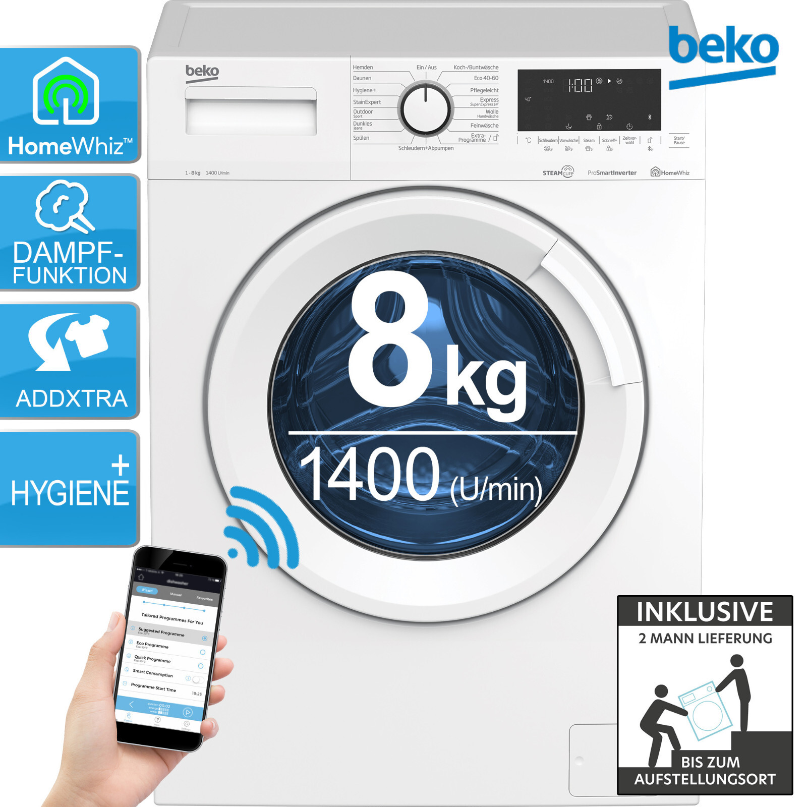 Waschvollautomat 8kg HomeWhiz AddXtra Nachlegefunktion Beko 