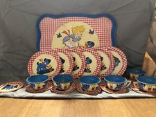 1940-50s Ohio Art, Red Plaid 14-pc Child  s Tin Tea Set 20 Pieces