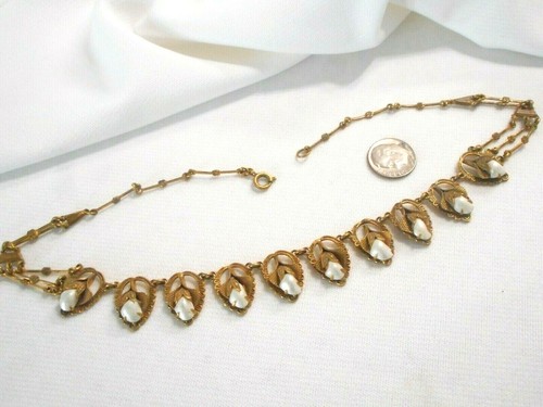 Vintage Art Nouveau Deco Necklace Baby Teeth Shaped Pearls Gold-tone Choker (AeB