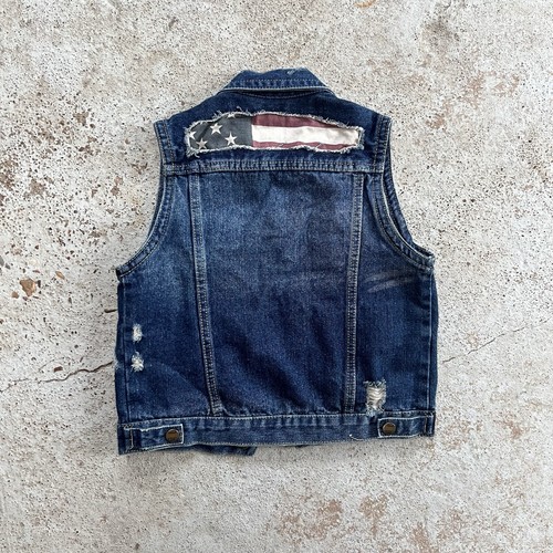 Kids Denim Vest Sz 7 Distressed Blue Sleeveless Stars Stripes Biker Patriotic - Picture 11 of 14