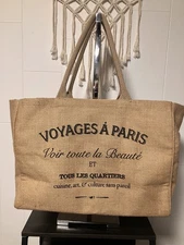 Burlap Material Market Tote Grocery Bag Voyage A Paris Size is 12x17x6
