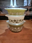 Pyrex Vintage Floral Green White Glass Round Lidded Casserole Dish Set