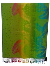 Women Summer Pashmina Large Long Peacock Feather Lime Green Rainbow - Jb418-4