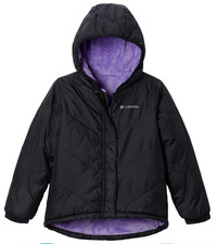 Girls Columbia Big Fir Black Purple Reversible Hood Puffer Jacket Coat L 14 16
