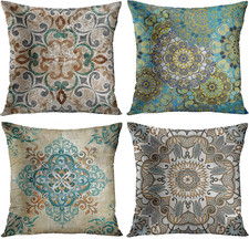 Set of 4 Throw Pillow Covers Vintage Abstract Boho Brown Green Teal and Grey Pla
