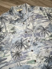 Tommy Bahama Men  s XL 100 Silk Hawaiian Blue Palm Tree Short Sleeve Shirt
