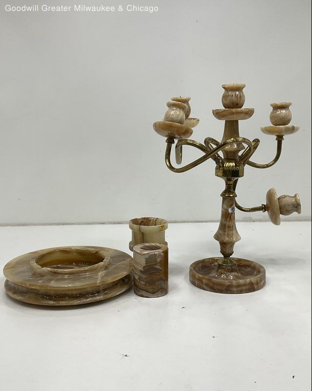 Amber and Off White Marble Candle Holder Set w/Ashtray