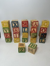 Vintage Wooden Letter ABC Blocks Lot Numbers Pictures Wood Crafts Decor Play