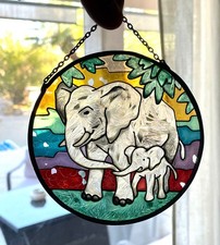 Stained Glass Elephant Suncatcher - Mother  Baby Window Hanging 4.5"