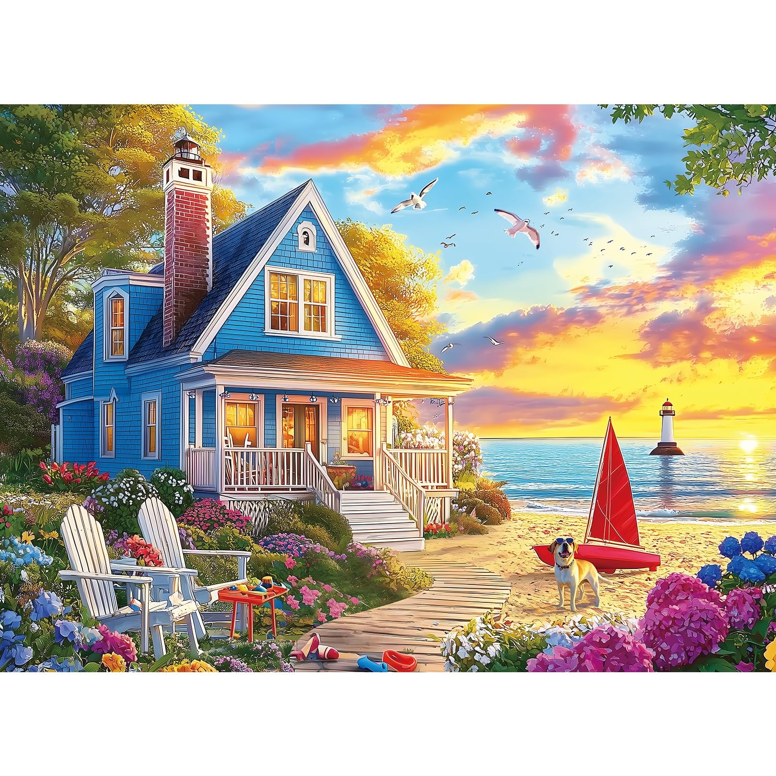 300 Piece Jigsaw Puzzle for Adults â€“ Charming Beach House Sailboat & Playful