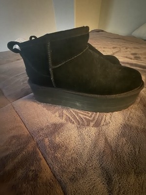UGG Black Suede Platform Ankle Boots Faux Fur Lined Pull On Women's